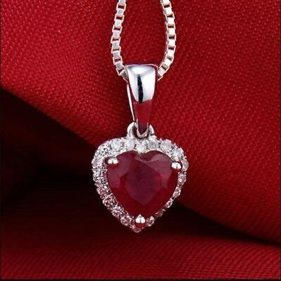 #ad 3 CT Halo Heart Shape Red Ruby Womens Pendant Necklace14K White Gold Finish $42.00
