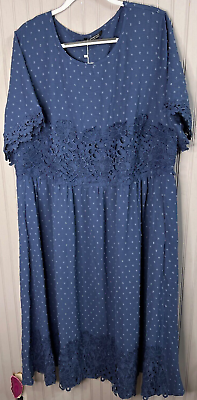 #ad BloomChic Womens DRESS 22 24 Elegant Blue Dot Swiss Crochet Hem Sleeve NEW $32.99
