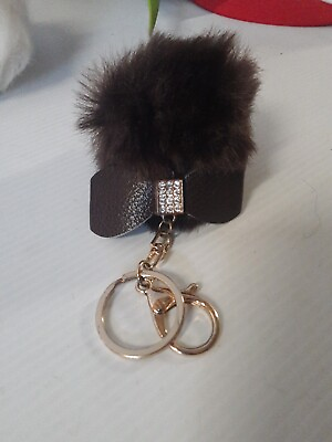 #ad Cute Handmade Pom Pom Keychain w Bows and Bling. Lucky Bunny Tail brown bin380 $2.14