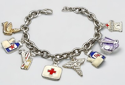 #ad Nurse Themed Charm Link Bracelet Silver Tone amp; Enamel Charms 8 Charms $15.00