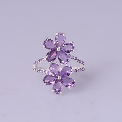 #ad Beautiful Flower Ring With Amethyst 925 Sterling Silver Engagement Ring Gift $49.49