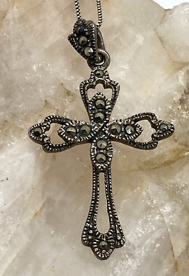 #ad Vintage Cross Marcasite Accents Sterling 925 Silver Pendant 18#x27;#x27; Necklace 4.8g $23.24