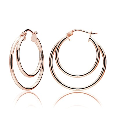 #ad Rose Gold Tone over 925 Silver Double Circle Round Polished Hoop Earrings 30mm $12.99
