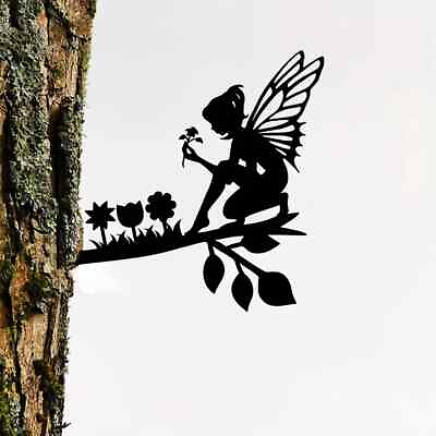 #ad Picking Flowers Fairy On Branch Steel Silhouette Metal Wall Art Home Garden Yard $10.85