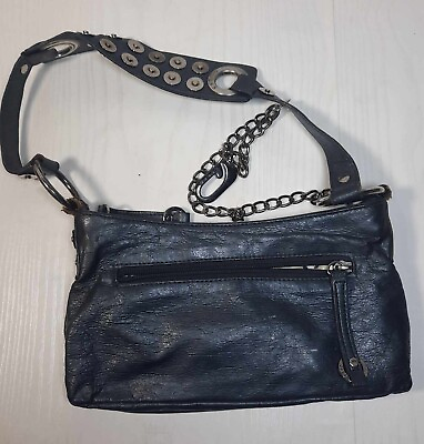 #ad Guess Black Leather Small Y2k Handbag Stud Belt Style Strap Printed Lining $26.40