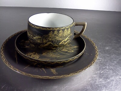 #ad Japanese satsuma black matte and gold desert plate amp; one cup and saucer $38.00