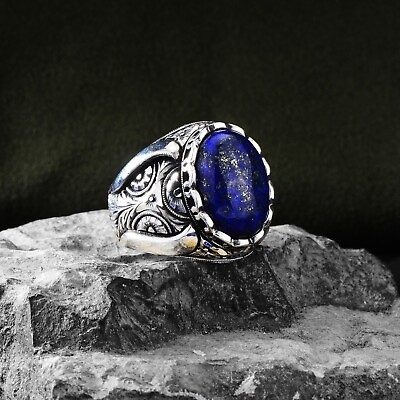 #ad Man Silver Lapis Lazuli Ring Ottoman Large Lapis Engraved Men Ring 925 Silver $145.00
