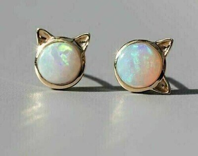 #ad 2.00Ct Round Simulated Fire Opal Womens Cat Stud Earrings 14K Yellow Gold Plated $55.99