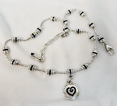 #ad BRIGHTON Marin Heart Black Enamel Disc Round Silver Pendant Necklace #284 $35.00