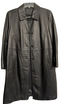 #ad Coat 100% Leather Women#x27;s Size Medium Lined Button Down Black Italy Korea $82.99