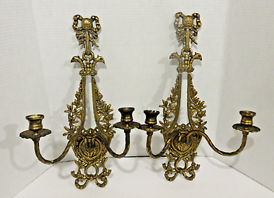 #ad 2 Vintage Gold brass wall sconce double arm candlestick holder floral and bow $89.99