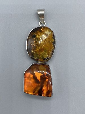 #ad Vintage Sterling Silver 925 Baltic Amber Two Stones Gorgeous Pendant Rare $108.99