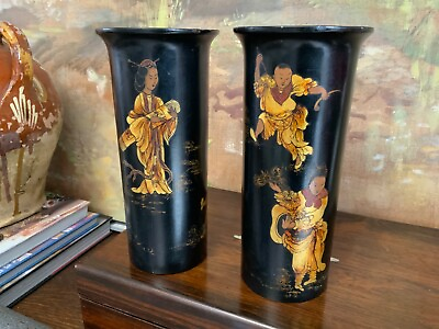 #ad Pair English Oriental Ceramic Black amp; Gold Vases C1930s $225.00