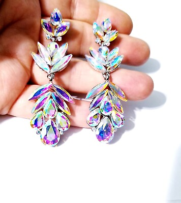 #ad Chandelier Rhinestone Crystal Pageant Bridal Earrings AB Drop Dangle 2.9 inch $36.99