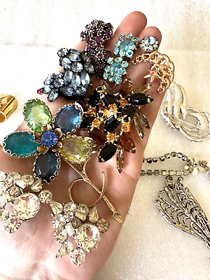 #ad Vintage Jewelry Lot Wearable Brooch Earrings Dress Clip Rhinestones Signed $142.50