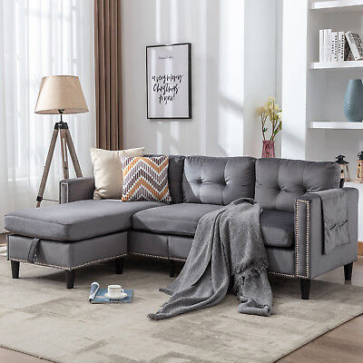 #ad GrayVelvet L Shape Convertible Sectional Sofa Couch Reversible Chaise StorageUSB $339.99
