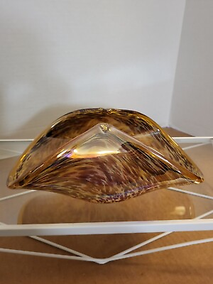#ad WOW Murano Amber Folded Glass Dish Bowl Vintage Handmade Italian Art Iridescent $120.00