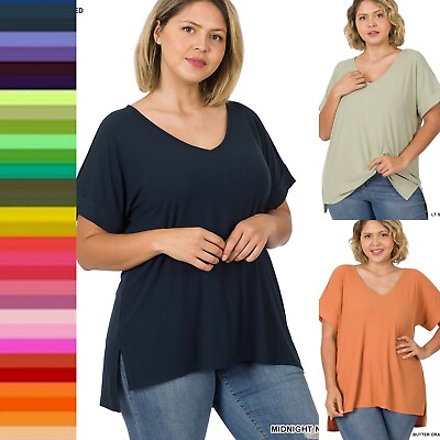 #ad 1X 2X 3X Ribbed V Neck or Round Neck Short Sleeve Soft Rayon Top Loose T Shirt $10.00