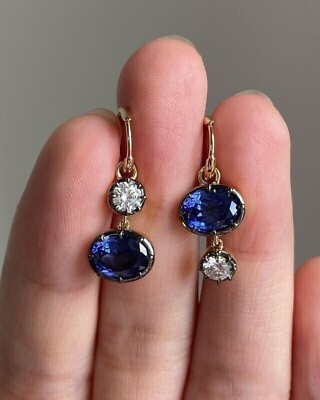 #ad Lab Created Sapphire 3.00Ct Oval Cut Drop Dangle Earrings 14K Yellow Gold Plated $67.99