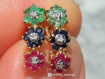 #ad 14K YELLOW GOLD DIAMOND SAPPHIRE RUBY EMERALD 6 10TH INCH FLORAL HUGGIE EARRINGS $295.00