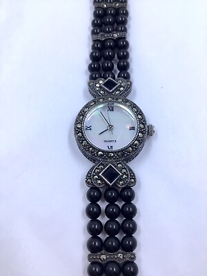 #ad Vintage Sterling Silver Marcasite Black Onyx Ladies Bracelet Wrist Watch 7.5” $100.00