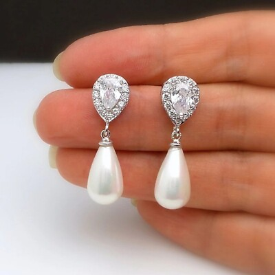 #ad Women Elegant Pear Cut White Pearl Drop Earrings 925 Silver Filled Jewelry C $3.30