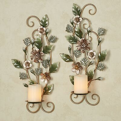 #ad Flowering Charm Metal Flowers Wall Sconces Multi Pastel Pink Green Set of Two $89.00