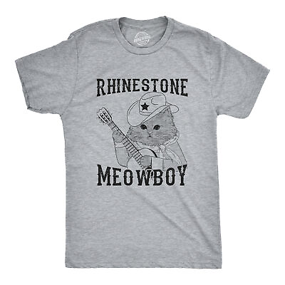 #ad Mens Rhinestone Meowboy T Shirt Funny Cute Kitten Cowboy Novelty Tee For Guys $13.10