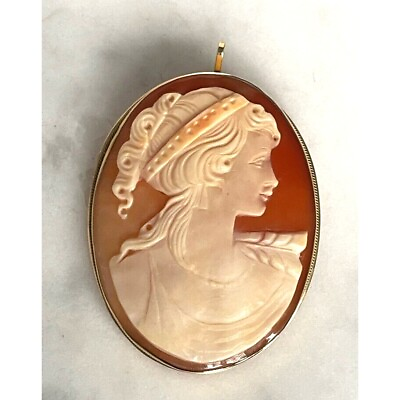 #ad LARGE 14K YELLOW GOLD CARVED SHELL CAMEO BROOCH PENDANT SKY $330.00