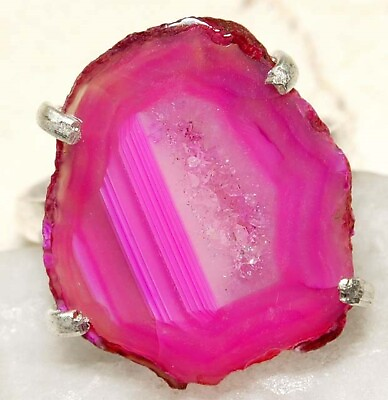 #ad Natural Pink Druzy 925 Solid Sterling Silver Ring Sz 9 NW15 4 $28.99