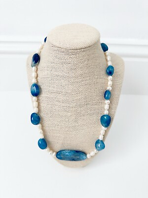 #ad NWT Genuine Blue Quartz Blue Agate amp; Pearls Necklace Beaded $28.00