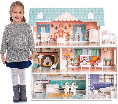 #ad Robud Wooden Dollhouse for Kids Girls Toy Gift for 3 Years Oldwith 28 Furnit $69.99