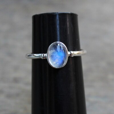 #ad Natural Rainbow Moonstone Ring Blue Fire Moonstone Ring Handmade Silver Ring 925 $7.99
