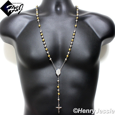 #ad 305quot;MEN Stainless Steel 8mm Silver Gold Plated Beads Cross Rosary Necklace*N10 $19.99