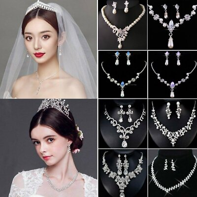 #ad Crystal Rhinestone Bridal Jewelry Set 925 Silver Earrings Necklace Wedding GBP 3.29