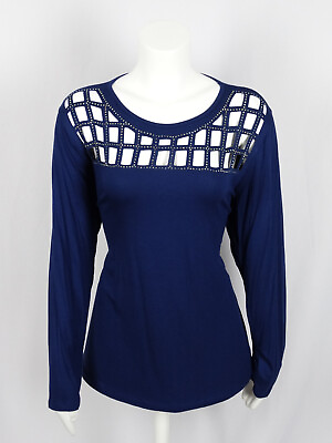 #ad Womens Vocal Beautiful Blue Laser Cut Long Sleeve Top With Rhinestones Plus Size $31.16