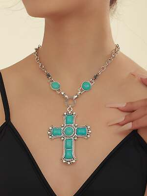 #ad Turquoise Cross Charm Necklace Exaggerated Jewelry Statement Necklace $6.32