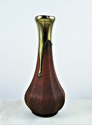 #ad Ceramic Vase Mercury Gold Drip Glaze Maroon Brown Paneled Fall Colors 7.75 Inch $21.00