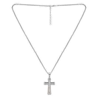 American Exchange Men#x27;s Diamond Stainless Steel Silver Cross Pendant Necklace $24.99
