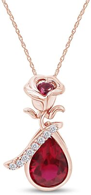 #ad Rose Teardrop Pendant Necklace Simulated Ruby 14k Rose Gold Plated 925 Silver $150.75