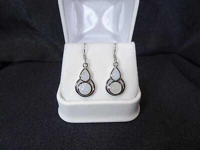#ad 5.22 ct Natural Rainbow Moonstone Solid Sterling Silver Geometric Hook Earrings AU $67.49