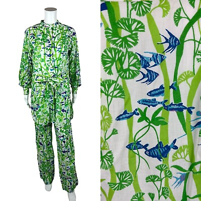 #ad Vintage 70s Pajamas Women#x27;s Medium Fish Novelty Print Top Pants Sleep Wear Set $218.00