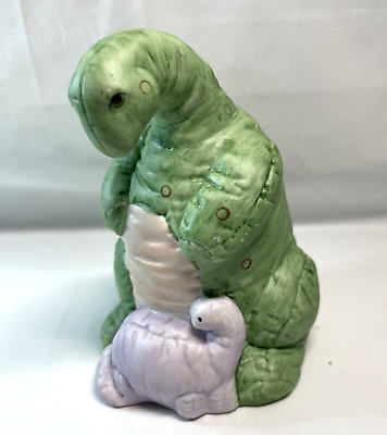 #ad Dinosaur and Baby Ceramic Coin Piggy Bank Mother Green Baby Lavender Taiwan $18.95