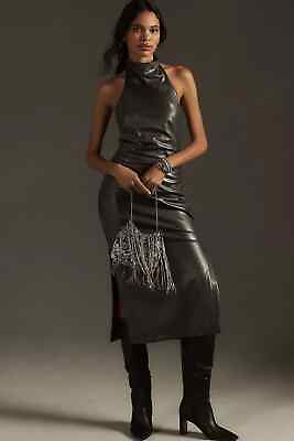 #ad NWT By Anthropologie Faux Leather Halter Slim Ruched Midi Dress LP Petite Silver $89.99