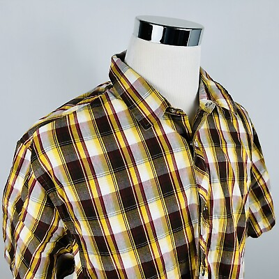 #ad prAna Medium Pearl Snap Short Sleeve Shirt Red Yellow Plaid 100% Organic Cotton $22.00