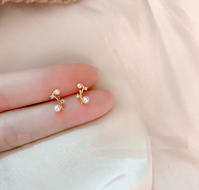 #ad Trendy Tiny Gold Flower Branch Pearl Pave CZ Stud Earrings $9.99