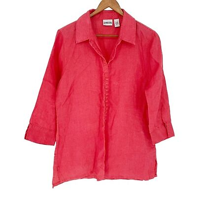#ad chicos pink 100% linen notch v neck 3 4 sleeve popover top womens xl 3 $17.99