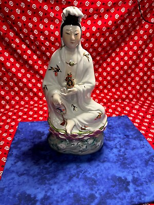 #ad chinese porcelain quan yin on lotus statue 1960 $30.00
