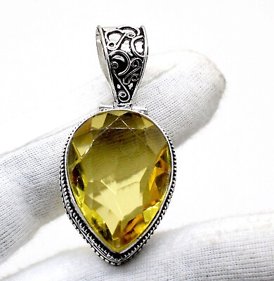 #ad 925 Sterling Silver Yellow Citrine Gemstone Jewelry Vintage Pendant Size 2quot; $16.99