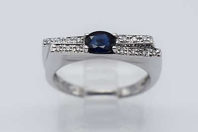 #ad 18K White Gold Dark Blue Oval Gemstone 0.10 Ct Round Diamonds Lady Ring 1429 * $399.00